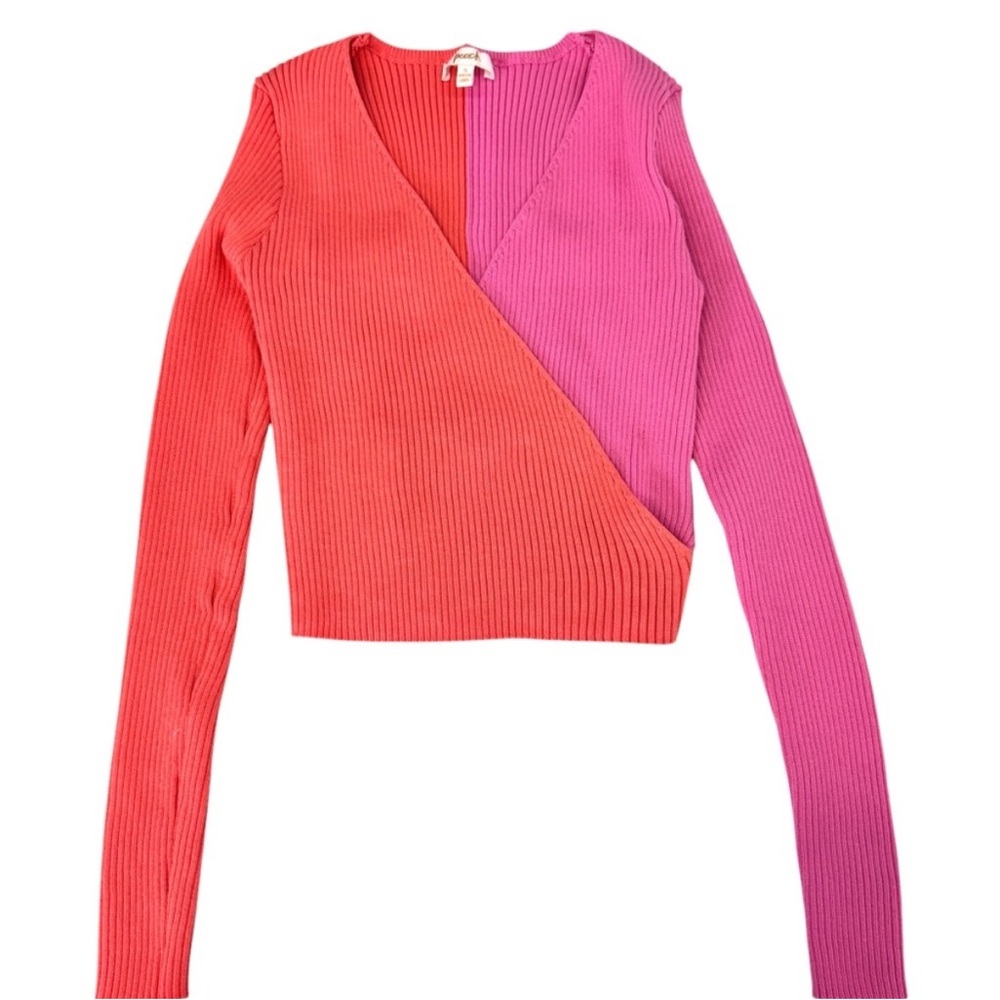 Peach Couture Women's V-Neck Sweater - Coral and Magenta - Picture 2 of 6
